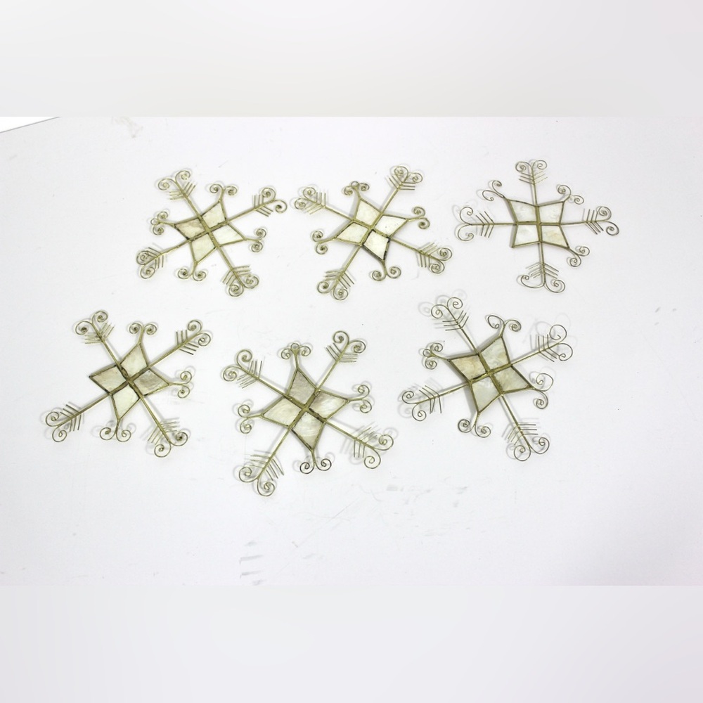 Vintage Capiz Shell and Gold Wire Snowflake Christmas Ornaments, Set of 6